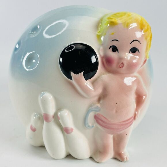 VTG Inarco Japan Hand Painted Ceramic Bowling Baby Ball Planter Pocket Nursery - Picture 1 of 11